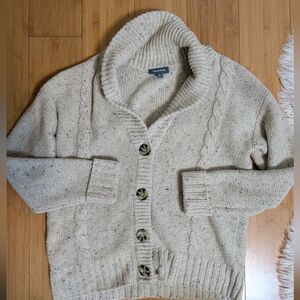 ModCloth Speckled Oatmeal Cable Knit Cardigan Shawl Collar Grandpacore Aran
